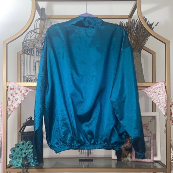 WINDBREAKER Grannycore Vintage Retro 80s Metallic Teal Quarter Zip Shine NYE - Picture 4 of 5